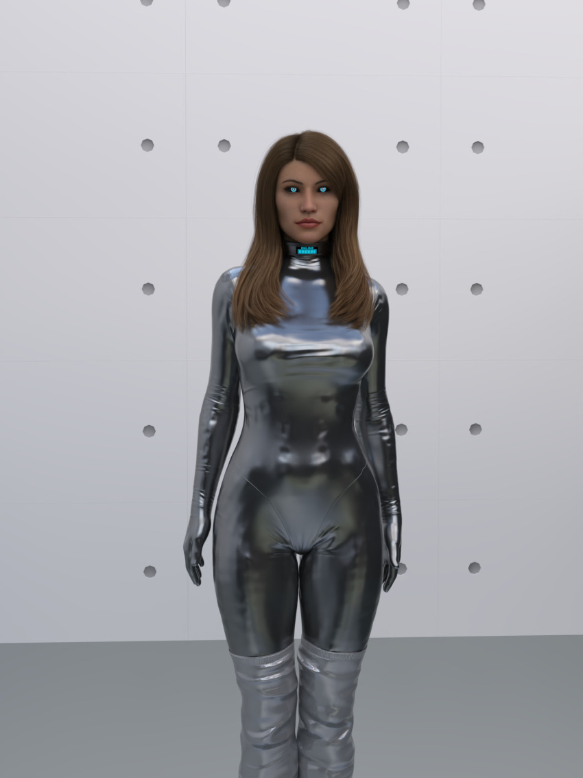 3d black_sclera blue_eyes brown_hair clothed dronification female_only femsub glowing_eyes graybot latex mindbotting original standing standing_at_attention tech_control thigh_boots