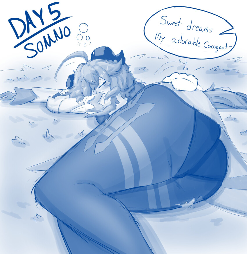 a_singular_fish ahoge arm_warmers ass_focus ass_grab blush closed_eyes clothed dragon_girl eyebrows_visible_through_hair female_only femsub ganyu_(genshin_impact) genshin_impact gloves goat_girl horns hypnovember large_ass long_hair lying outdoors panties sleep_command sleeping solo text thighhighs wide_hips