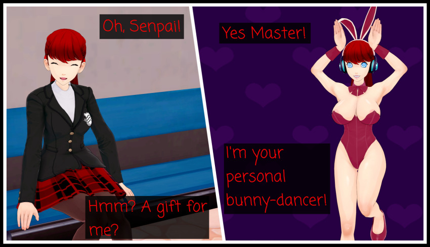 3d bunny_ears bunny_girl dialogue english_text femsub headphones hypnotic_accessory hypnotic_audio koikatsu! lunastra persona_(series) persona_5 persona_5_royal red_hair spiral_eyes sumire_yoshizawa text