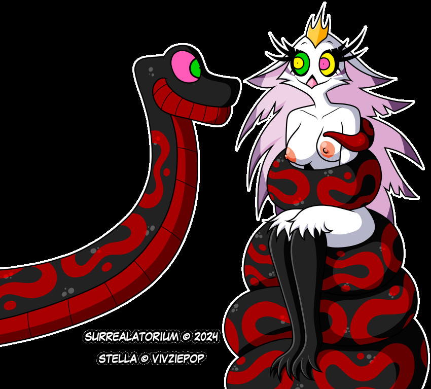 animated animated_gif bare_breasts bare_legs black_background breasts coils crimson_(surrealatorium) crown femsub furry happy_trance helluva_boss hypnotic_eyes kaa_eyes legs maledom nipples nude original restrained simple_background sitting smile snake stella_(helluva_boss) surrealatorium very_long_hair