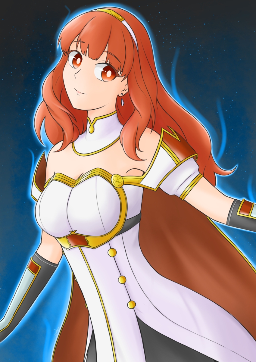 armpits aura bangs bare_shoulders breasts cape celica_(fire_emblem) cleavage dress earrings enbu female_only fire_emblem fire_emblem_echoes fire_emblem_engage gloves long_hair nintendo orange_eyes orange_hair smile solo