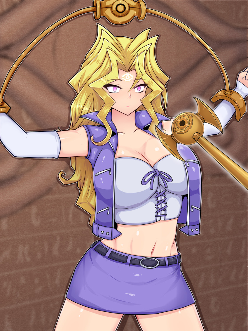 blonde_hair breasts cleavage control_indicator female_only femsub glowing_eyes huge_breasts large_breasts light_skin long_hair magic mai_valentine millennium_item millennium_rod navel opera_gloves pink_eyes resisting skirt waizzz00 yu-gi-oh!