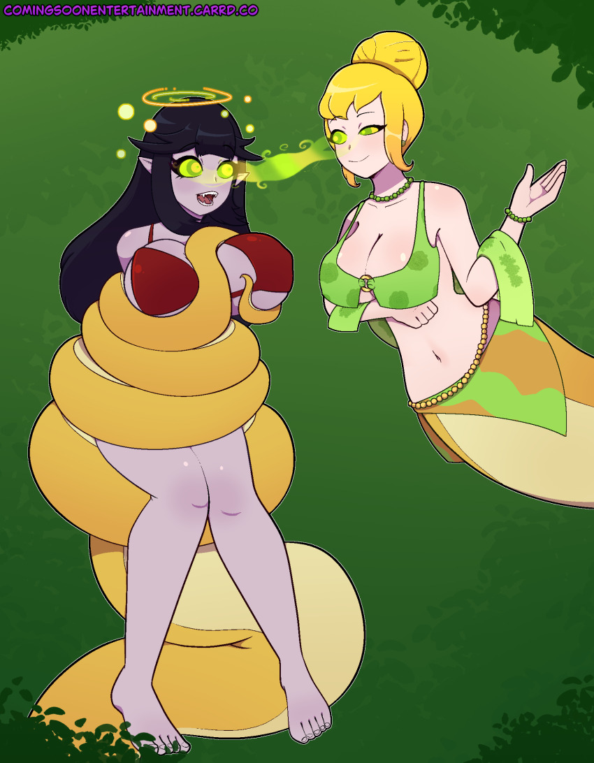 bikini bikini_top black_hair blonde_hair bracelet breast_grab cleavage clover_(zengo888) coils cummingsoonent dazed feet female_only femdom femsub hypnotic_smoke jungle long_hair navel necklace open_mouth original restrained ring_eyes signature single_hair_bun smile snake_girl vampire vasha_dragos