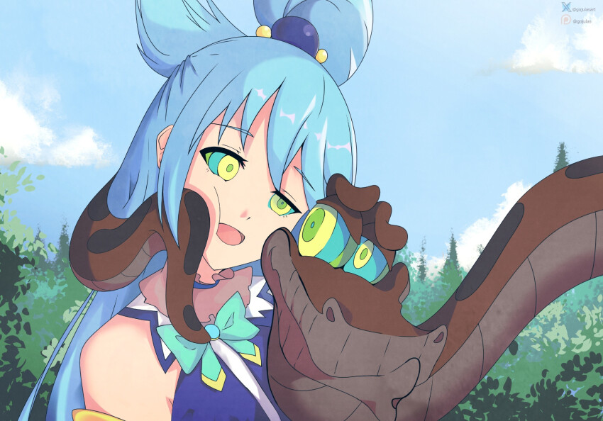aqua_(konosuba) blue_hair bow_tie cheek_squish clothed complex_background crossover disney eyebrows_visible_through_hair femsub forest goddess gojulas happy_trance hypnovember kaa kaa_eyes kono_subarashii_sekai_ni_shukufuku_wo! long_hair maledom open_mouth outdoors plant snake the_jungle_book trees