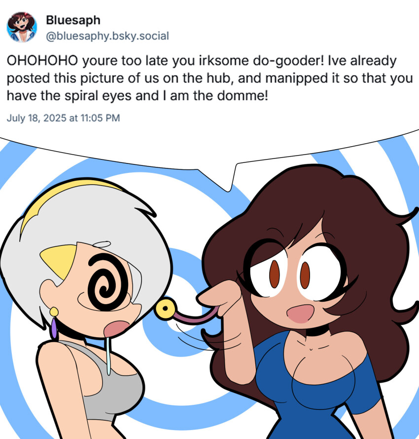 bare_shoulders bra brown_eyes brown_hair character_request choker cleavage clothed coin collarbone deejay_(zombi62) drool earrings eyebrows_visible_through_hair female_only femdom femsub glasses hair_clips hair_covering_one_eye hairband humor large_breasts long_hair meta open_mouth original pendulum shirt short_hair sideboob silver_hair smile speech_bubble spiral_background spiral_eyes text zombi62