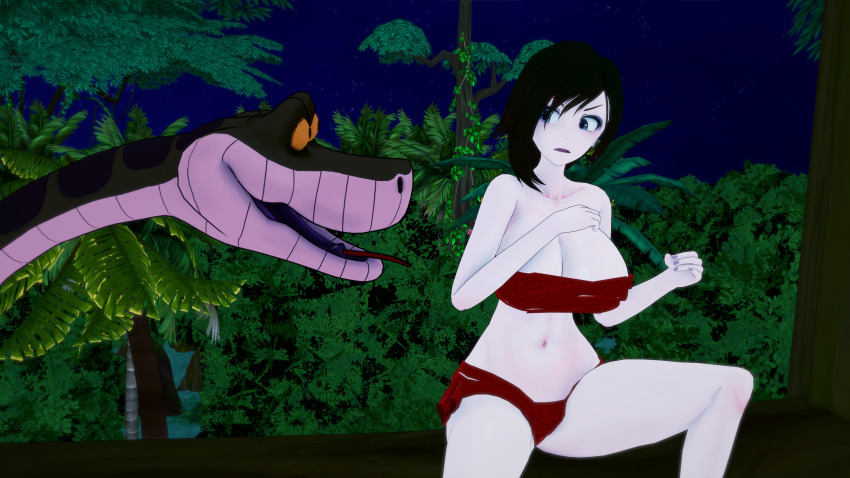 3d angry ass barefoot bikini black_hair breasts cleavage feet grey_eyes huge_ass huge_breasts jungle kaa koikatsu! large_ass lipstick loincloth midriff mrkoiru multiple_girls outdoors pale_skin ruby_rose rwby short_hair snake the_jungle_book wide_hips
