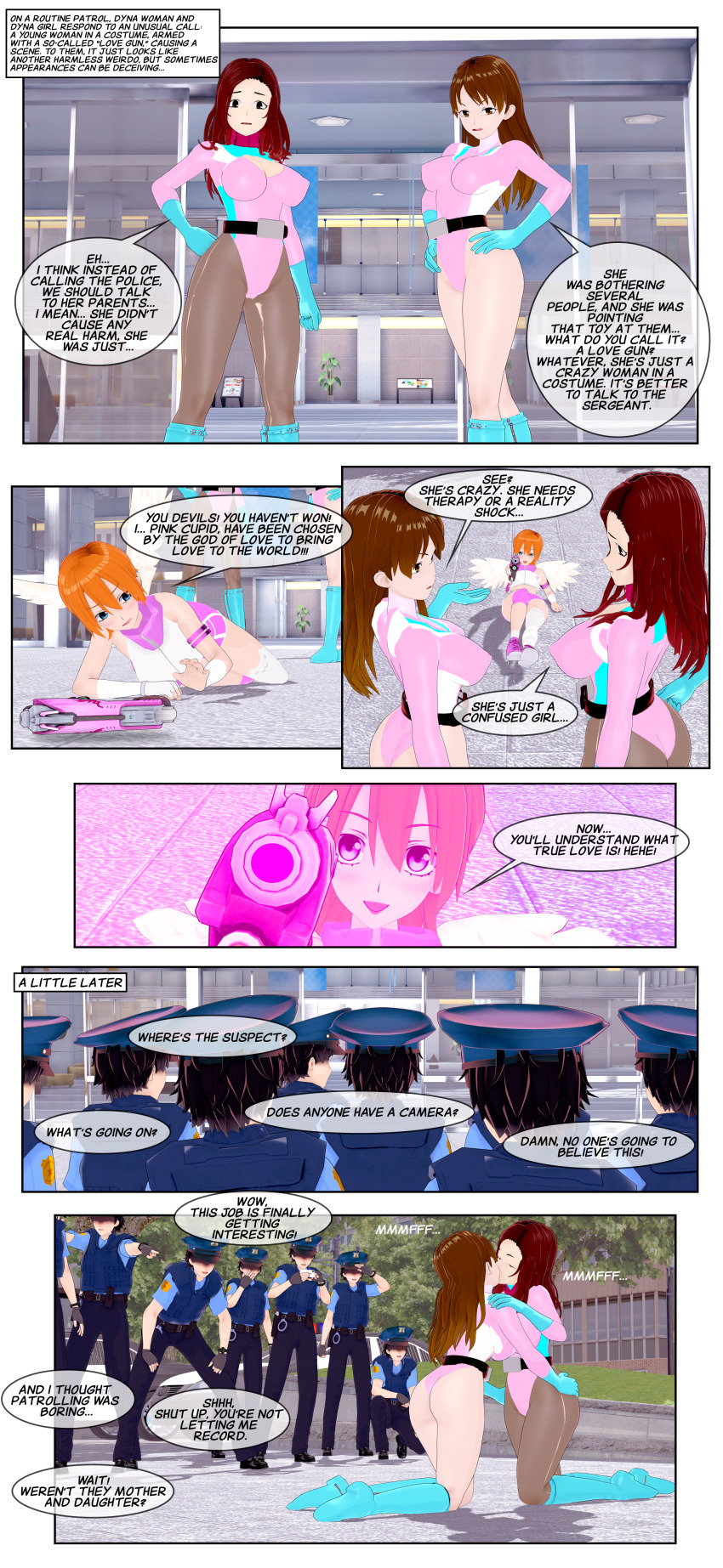 3d altered_common_sense before_and_after belt blue_eyes boots brown_eyes brown_hair comic dyna_girl_(latinkaixa) dyna_woman_(latinkaixa) english_text femdom femsub incest instant_loss kneeling latinkaixa leotard long_hair mother_and_daughter multiple_girls multiple_subs open_mouth orange_hair original police_uniform raygun short_hair smile speech_bubble super_hero text thighhighs tights wings yuri