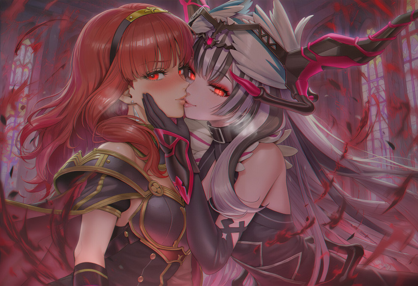 ai_art aura bare_shoulders black_hair blush celica_(fire_emblem) chin_hold corruption crown dragon_girl duma_(fire_emblem) eye_color_change femsub fire_emblem fire_emblem_echoes fire_emblem_engage fire_emblem_heroes happy_trance hypnotic_accessory kissing looking_at_viewer maledom multicolored_hair nintendo orange_hair possession princess red_eyes royalty slit_pupils smile sub_on_sub thouart_i_(generator) veyle_(fire_emblem) white_hair yuri