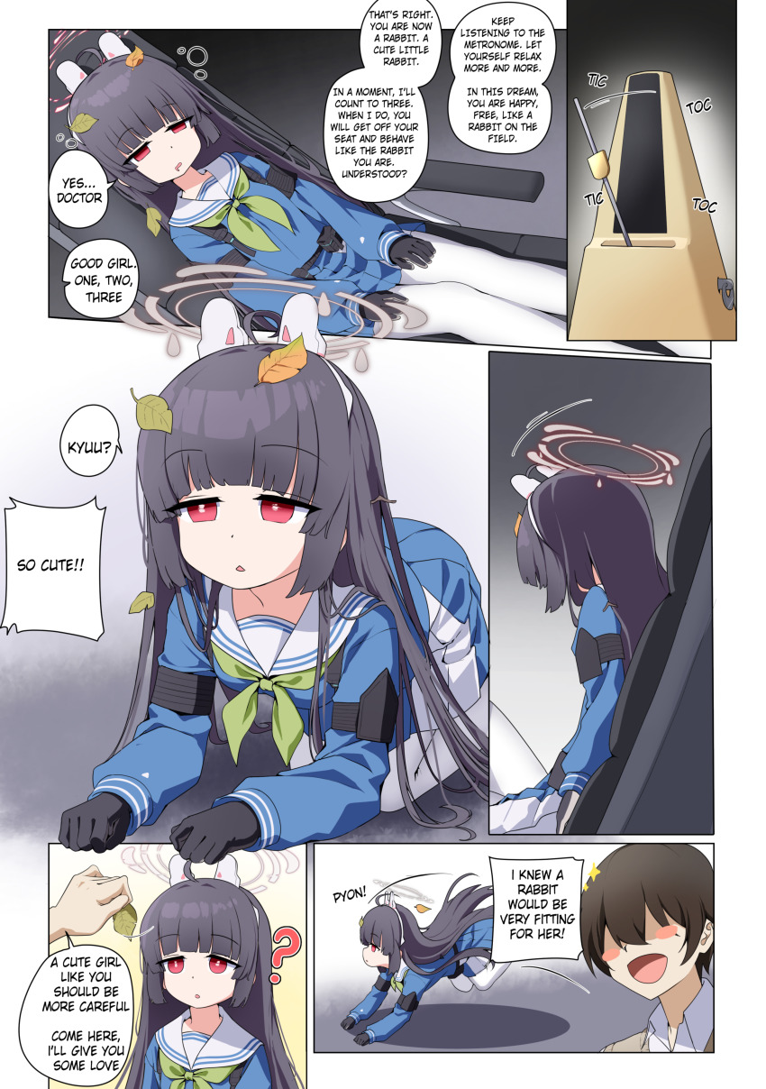 absurdres all_fours altered_common_sense awakening black_hair blue_archive blush border brown_hair chair comic confused dazed drool english_text etlabsotwe eyebrows_visible_through_hair fake_animal_ears femsub gloves gradient_background hair_band halo loli maledom metronome miyu_(blue_archive) open_mouth pantyhose pet_play red_eyes right_to_left school_uniform short_hair simple_background sitting smile speech_bubble text traditional traditional_hypnosis unfocused_eyes uniform very_long_hair