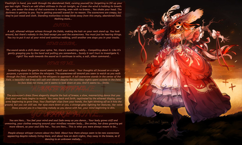 absurdres caption character_request dress female_only femdom hogara_(artist) hypnotic_audio hypnotic_dance hypnotic_voice maindstealer_(manipper) original pov pov_sub red_dress scarecrow_girl soul_removal story text transformation