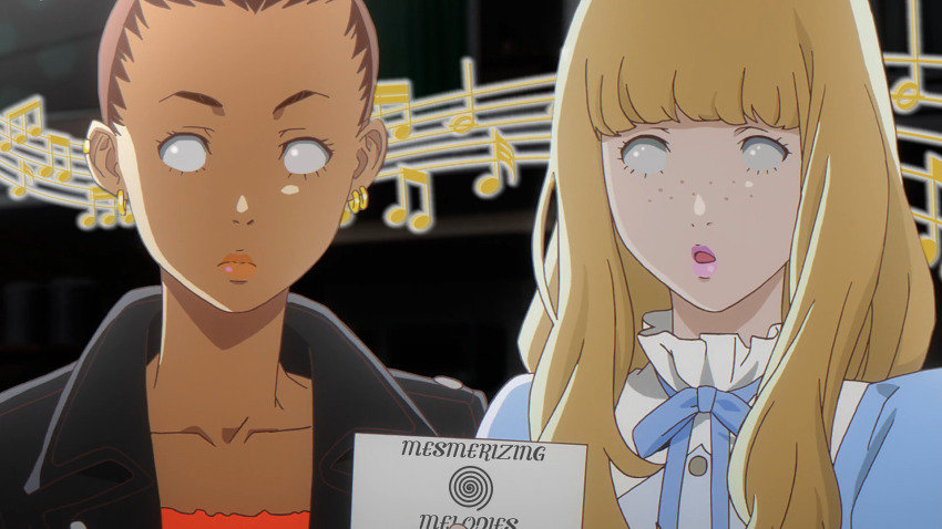 blonde_hair brown_hair carole_and_tuesday carole_stanley clothed dark_skin dress earrings expressionless female_only femsub freckles hypnotic_music jacket lipstick long_hair manip multiple_girls multiple_subs open_mouth theinvisiblebrad_(manipper) tuesday_simmons whitewash_eyes