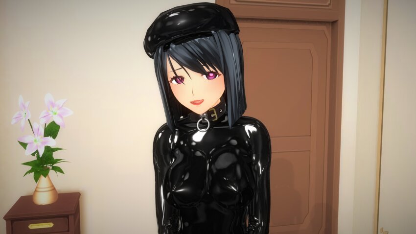 3d bangs beret black_hair bodysuit collar custom_maid_3d_2 female_only femsub glowing_eyes hat latex li_q lipstick looking_at_viewer open_mouth original pink_eyes red_lipstick rubber short_hair solo tight_clothing