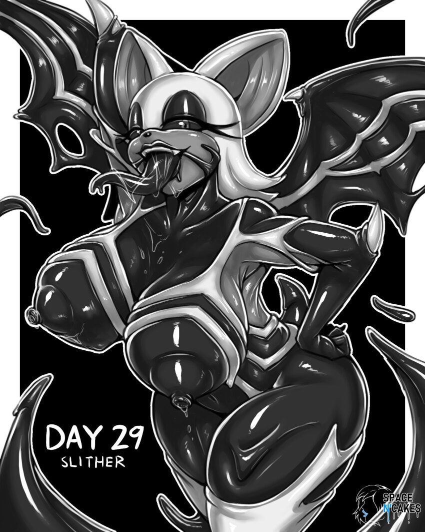 alien alternate_color_scheme alternate_costume androgynous_dom bat_girl bat_wings black_background black_lipstick black_sclera breasts cleavage corruption crossover drool english_text eyeshadow fangs femsub hand_on_hip happy_trance lactation large_breasts lipstick living_costume long_tongue looking_at_viewer marvel_comics nipples open_mouth parasite possession rouge_the_bat slime smile sonic_the_hedgehog_(series) spacen&#039;cake spider-man_(series) symbiote tail tentacles text tongue tongue_out venom_(marvel) wings