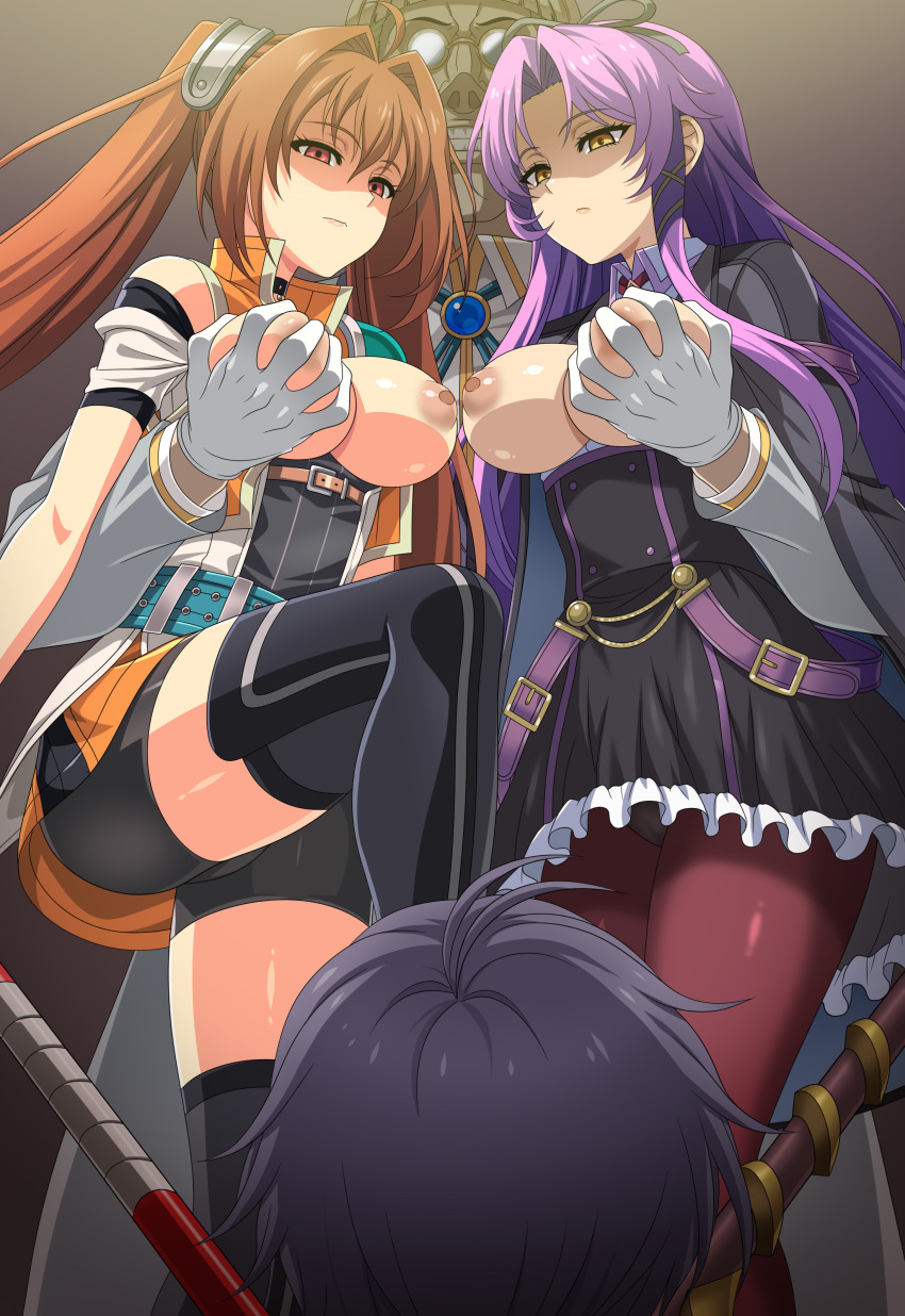 ahoge breast_fondling brown_hair character_request clothed corruption estelle_bright evil_smile expressionless femsub glasses gloves large_breasts long_hair maledom malesub netorare pantyhose purple_hair red_eyes renne_bright short_hair sirano smile staff stepped_on tagme the_legend_of_heroes thighhighs thighs weapon yellow_eyes