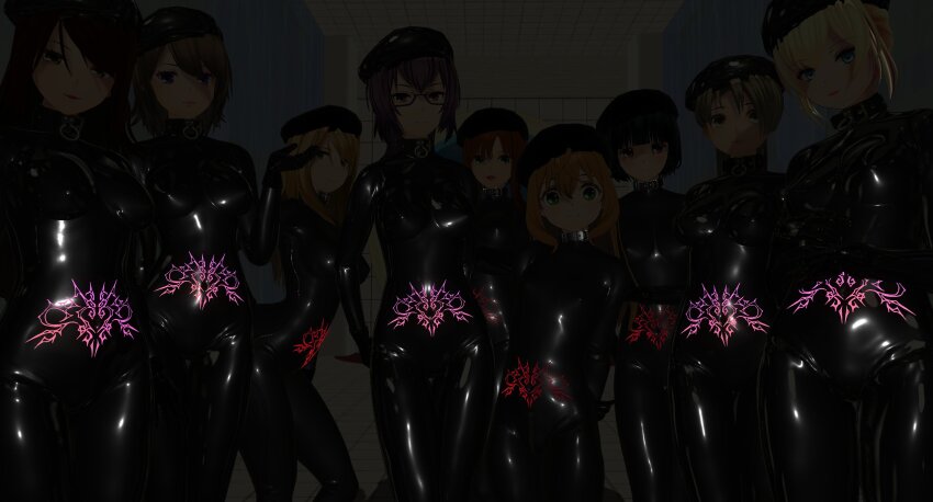 3d arms_behind_back black_hair blonde_hair blue_eyes bodysuit breasts brown_hair collar crotch_tattoo custom_maid_3d_2 expressionless eyeshadow female_only femsub glasses hand_on_hip hat large_breasts latex li_q lipstick long_hair looking_at_viewer makeup multiple_girls multiple_subs orange_hair original purple_hair rubber short_hair small_breasts standing tattoo tied_hair