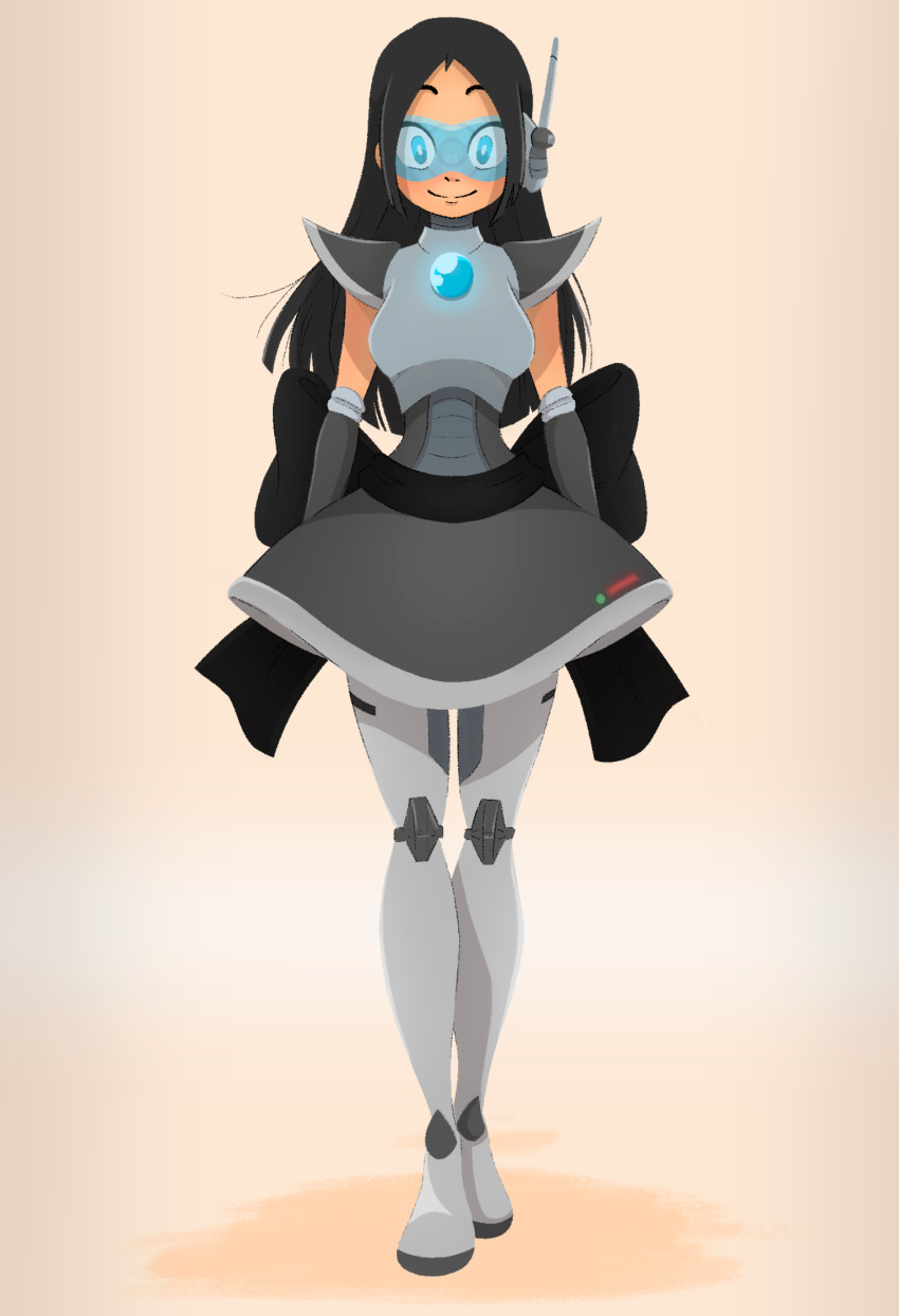 antenna black_hair blue_eyes bow disguised_hypnotist gloves happy_trance long_hair original robotization shoulder_pads skirt standing_at_attention tagme visor