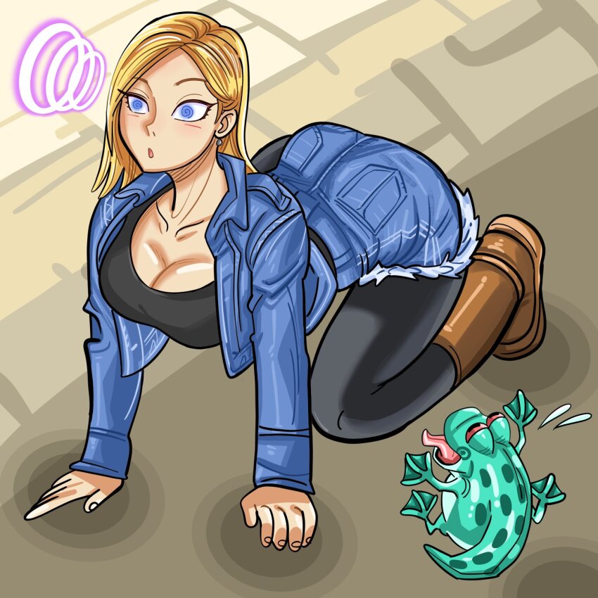 all_fours android_18 blue_eyes body_swap boots cleavage clothed collarbone dragon_ball earrings expressionless femsub frog frog_girl jacket jean_skirt jpglovepic large_breasts leggings open_mouth pet_play spiral_eyes symbol_in_eyes tagme