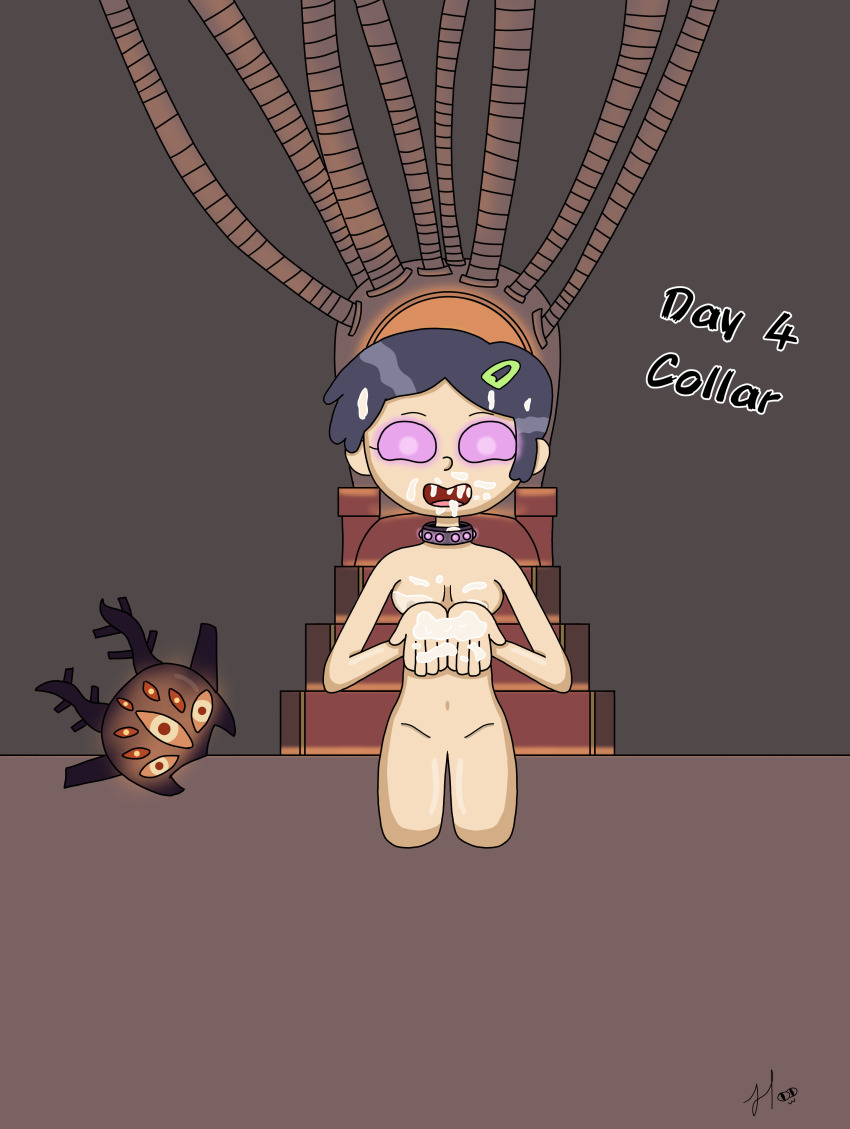 amphibia black_hair cables collar cum_in_mouth disney femsub hair_clips happy_trance helmet hypnovember kneeling marcy_wu nude pink_eyes short_hair text the_new_o-girl