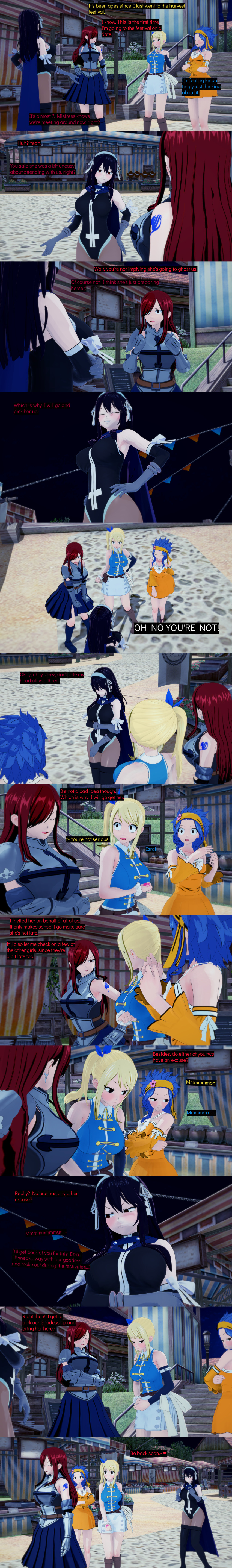 absurdres angry black_eyes black_hair blonde_hair blue_hair closed_eyes clothed cyanstargazer dialogue english_text erza_scarlet fairy_tail female_only femsub hair_covering_one_eye levy_mcgarden long_hair lucy_heartfilia multiple_girls multiple_subs red_hair short_hair text ultear_milkovich