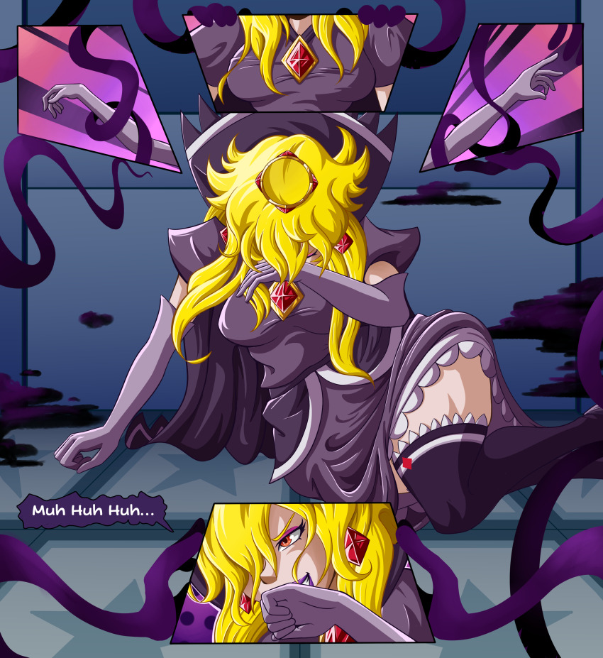 alternate_costume blonde_hair clothed corruption dress earrings english_text evil_smile eye_color_change female_only femdom femsub gloves happy_trance jewelry leaning_forward lipstick nintendo opera_gloves paper_mario paper_mario:_the_thousand_year_door possession princess princess_peach purple_lipstick queen red_eyes royalty shadow_queen sitting smile super_mario_bros. tagme tentacles text thiccncute thick_thighs thighhighs thighs transformation very_long_hair