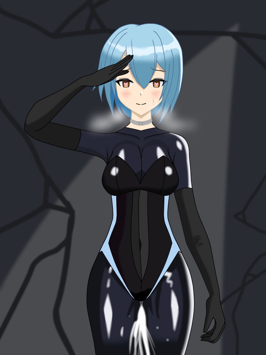 absurdres aoi_(shuxshun) blue_hair bodysuit breasts breath brown_eyes choker cleavage empty_eyes female_only femsub gloves heart_eyes latex leotard opera_gloves original pussy_juice rubber saluting short_hair shuxshun smile solo squirting standing standing_at_attention tight_clothing