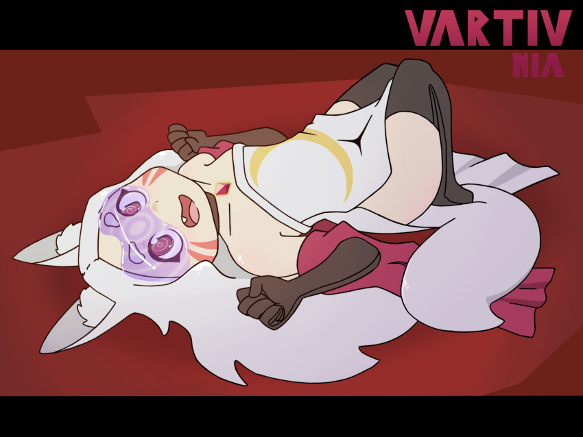 choker female_only femsub fox_ears fox_girl fox_tail happy_trance long_hair lying necklace opera_gloves sewayaki_kitsune_no_senko-san shiro_(sewayaki_kitsune_no_senko-san) smile solo tech_control thighhighs visor