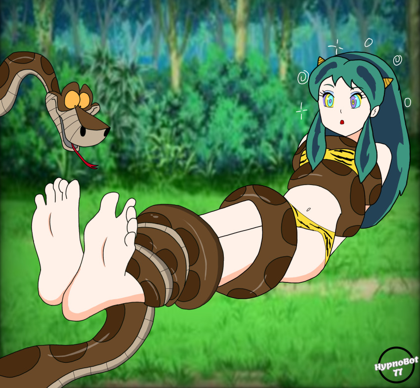 bare_legs barefoot coils disney feet femsub foot_focus forest green_hair hypnobot771 kaa kaa_eyes long_hair lum maledom navel open_mouth outdoors restrained signature sparkle spiral tagme the_jungle_book urusei_yatsura