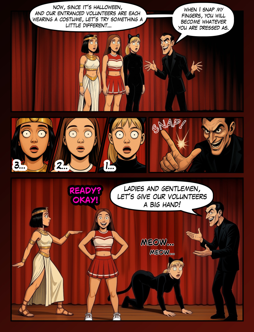 ai_art altered_common_sense black_hair blonde_hair bodysuit brown_hair cat_ears cat_girl cheerleader clothed comic crop_top crown egyptian english_text expressionless feet femsub fortunadoe_(generator) halloween long_hair maledom midriff multiple_girls multiple_subs navel open_mouth pet_play ponytail short_hair shrunken_irises skirt smile smirk speech_bubble stage_hypnosis text