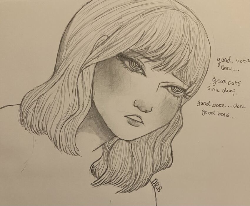 bangs blush dialogue expressionless female_only femsub greyscale heavy_eyelids long_hair lurkingmushroom mantra monochrome open_mouth signature solo spiral_eyes text traditional