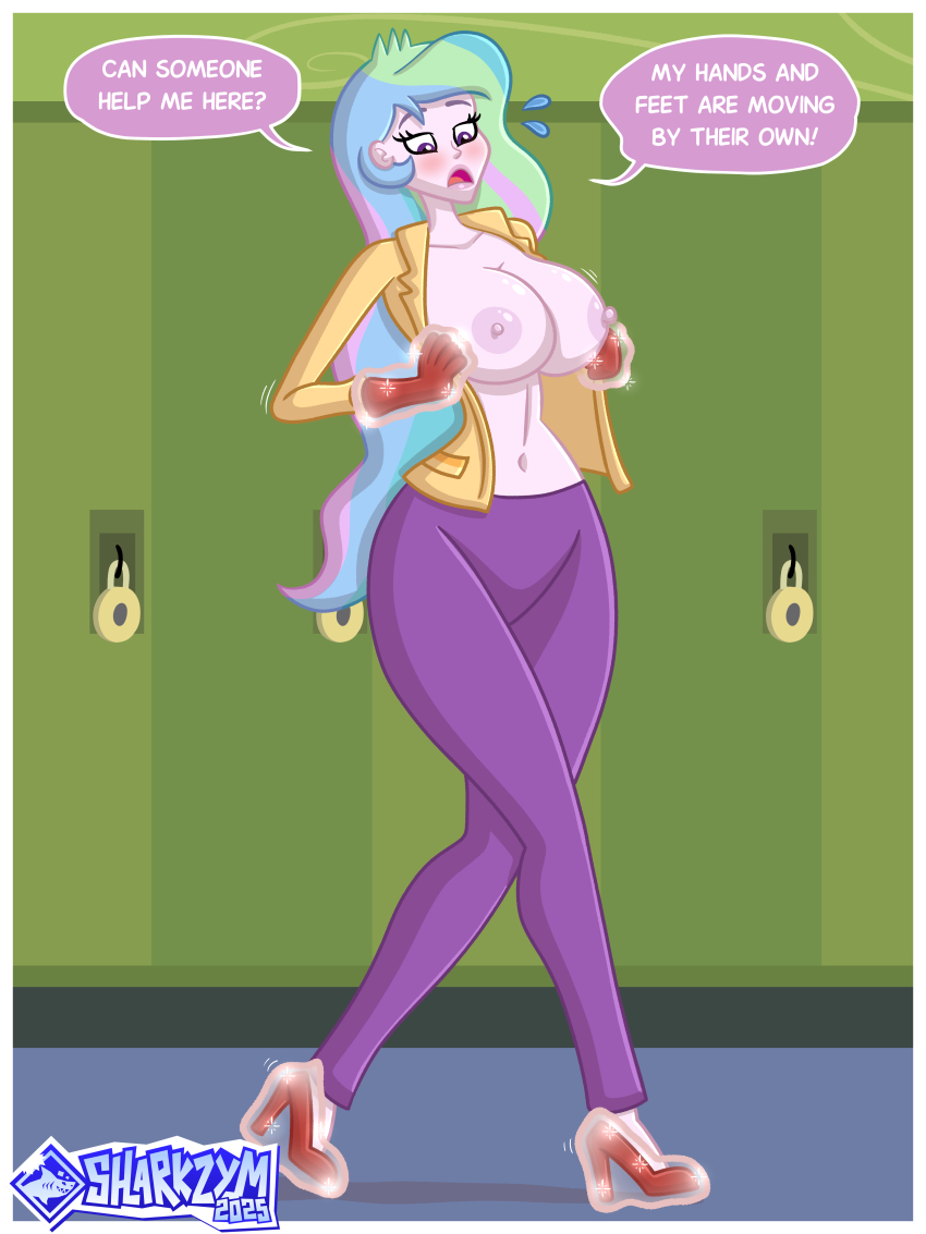aware body_control dialogue equestria_girls gloves hallway high_heels large_breasts multicolored_hair my_little_pony princess_celestia principal_celestia sharkzym undressing walking