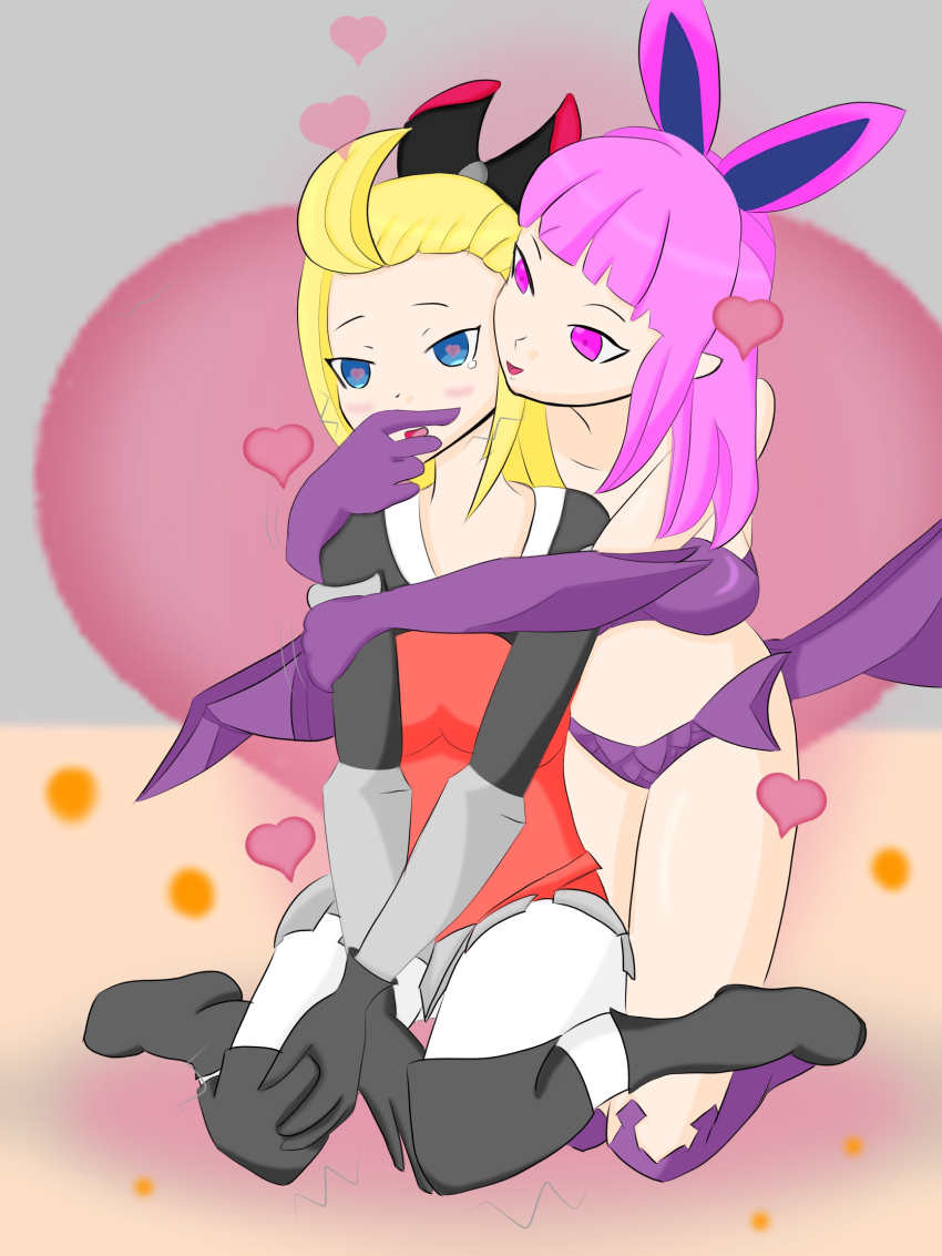 bare_shoulders blonde_hair blush bravely_default breasts bunny_ears charm_(spell) demon_girl edea_lee femdom femsub finger_to_mouth gloves heart heart_eyes hug hypnotic_magic kneeling long_hair magic opera_gloves pink_eyes pink_hair sitting square_enix succubus succubus_(bravely_default) symbol_in_eyes thighs udan_ketam wings yuri