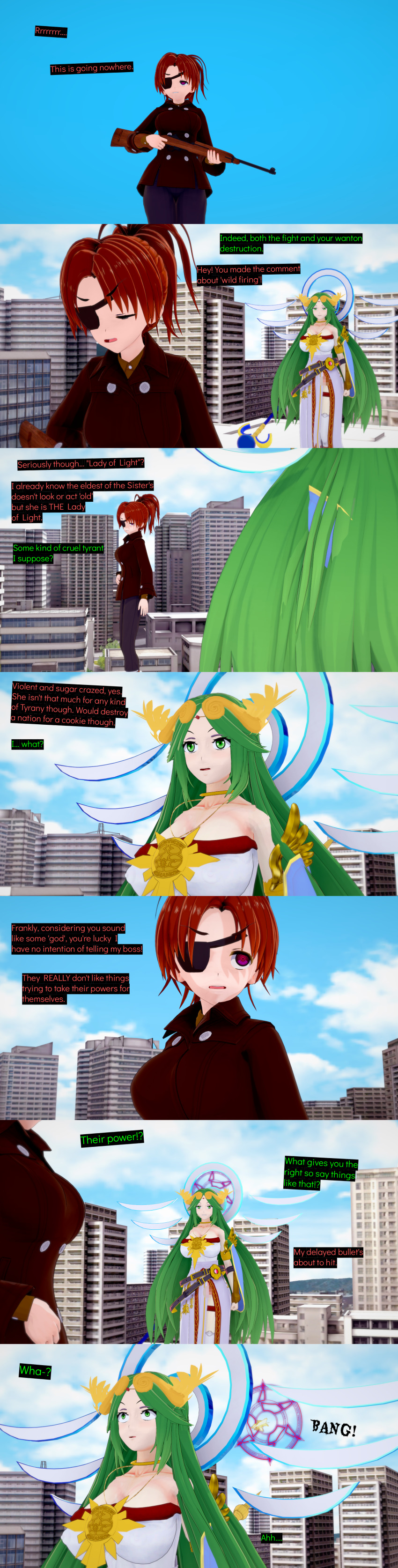 absurdres aware closed_eyes clothed cyanstargazer dialogue english_text eyepatch goddess green_eyes green_hair gun kid_icarus long_hair multiple_girls nintendo palutena red_hair shield staff super_smash_bros. text weapon