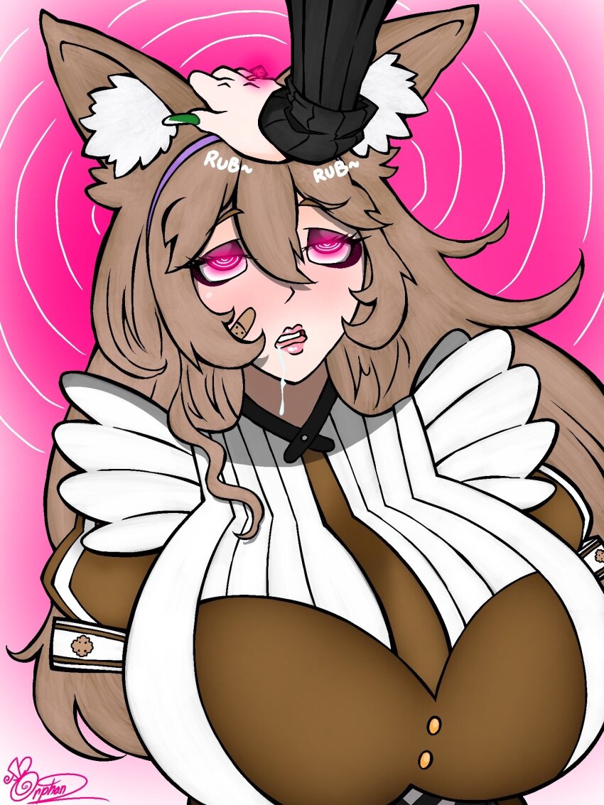 animal_ears asto_(asto) bandana birthday blush breasts brown_hair clothed drool expressionless eye_roll eyeshadow female_only femdom femsub ferret_girl glowing glowing_eyes hand_on_head headband huge_breasts hypnotic_accessory hypnotic_hands hypnotic_touch long_hair long_nails nail_polish open_mouth original orphan2 pink_eyes ring spiral spiral_background spiral_eyes symbol_in_eyes