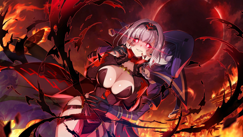 beta_(the_eminence_in_shadow) black_sclera breasts cid_kagenou collarbone corruption dress eye_color_change femsub game_cg glowing glowing_eyes large_breasts looking_at_viewer official red_eyes short_hair smile the_eminence_in_shadow white_hair