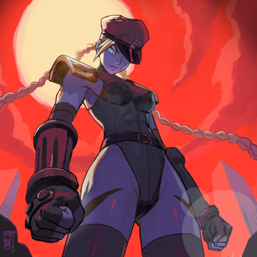 angry armpits belt blonde_hair blue_eyes breasts cammy_white capcom cyan_eyes female_only femdom femsub fingerless_gloves gloves glowing_eyes hat hollow_watcher leotard looking_at_viewer m._bison opera_gloves possession red_background scars shoulder_pads signature standing street_fighter thick_thighs twin_braids