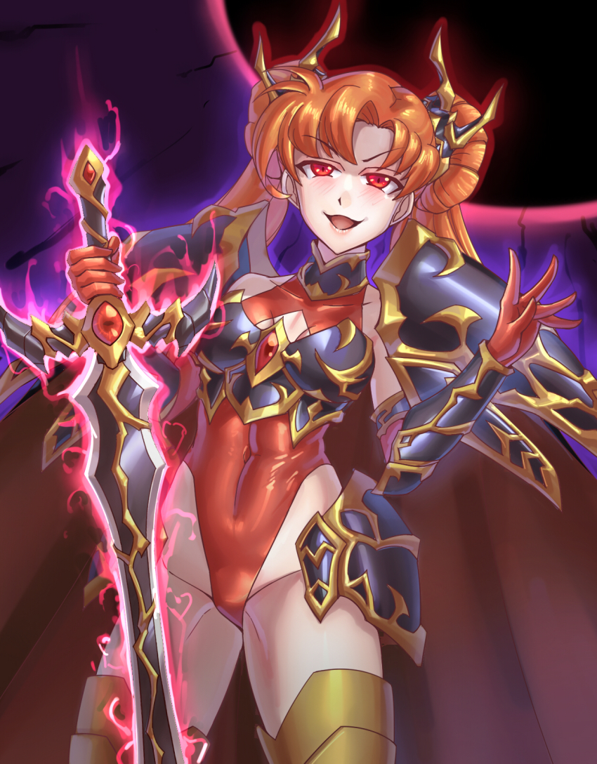alternate_costume armor aura bare_shoulders blush bozel_(langrisser) breasts cape choker cleavage corruption evil_smile eye_color_change femsub gloves glowing hair_ornament happy_trance langrisser leebigtree leotard long_hair navel orange_hair possession red_eyes smile sword thighhighs thighs tiaris_(langrisser) tight_clothing weapon