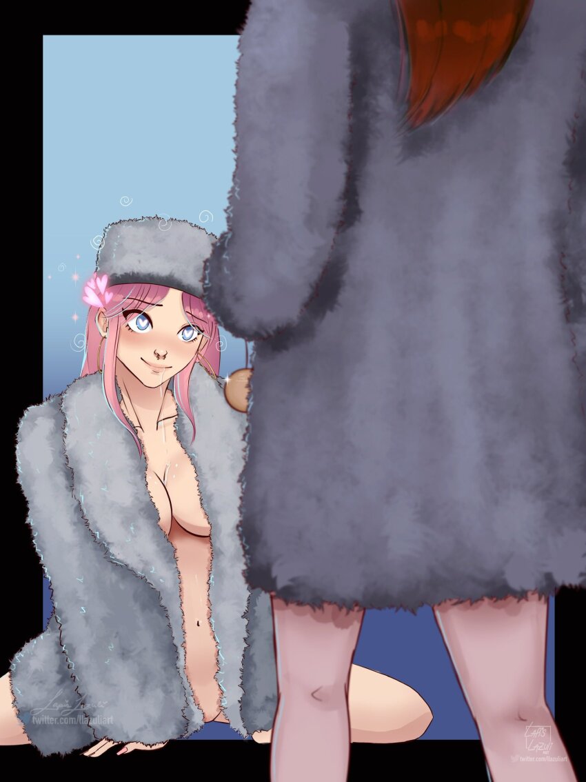 blue_eyes brown_hair cleavage coat earrings femdom femsub fur_coat happy_trance hat heart heart_eyes kneeling lapislazuliart nose_ring open_clothes original pendulum pink_hair