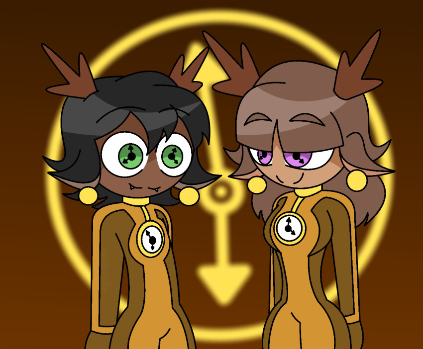 animal_ears antlers black_hair bodysuit brown_background brown_hair choker clock dark_skin deer_girl drone earrings eyebrows_visible_through_hair fangs femsub green_eyes hazel_(kirb) hypnoscream long_hair multiple_subs original purple_eyes salantro_(kirb) short_hair simple_background symbol_in_eyes