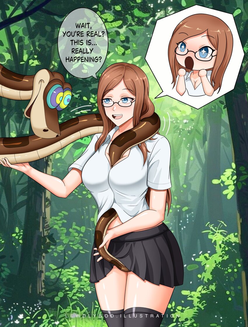 absurdres aware bestiality blue_eyes breast_grab breasts brown_hair castlevania charlotte_aulin chibi cleavage clothed_exposure coils collarbone comic consensual crossover crotch_rub disney dress_shirt english_text eyebrows_visible_through_hair eyelashes femsub flower glasses hypnotic_eyes jungle kaa kaa_eyes lewdlygod1 maledom multicolored_eyes open_mouth outdoors plant shiny_hair shiny_skin signature simulated_paizuri skirt skirt_lift smile snake sparkle speech_bubble surprised tail_sex text the_jungle_book thighhighs tongue trees undressing