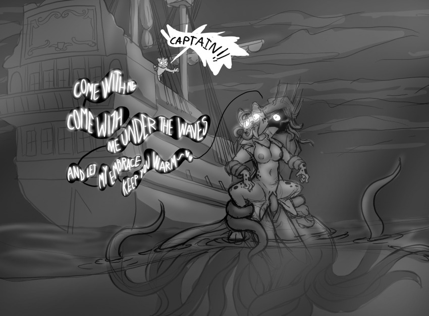 breasts cat_girl coils dialogue femsub furry glowing glowing_eyes greyscale happy_trance heterosexual hypnotic_audio hypnotic_voice kuro-freak maledom monochrome monster monster_boy open_clothes open_mouth penis peril sex ship siren smile spread_legs tentacles text underwater vaginal water
