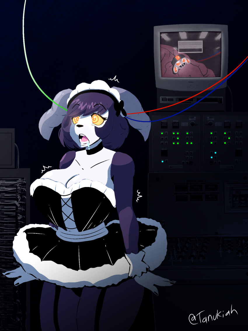 ayuko_(jcroth) bare_shoulders bow brain choker collarbone drool female_only femsub furry garter_straps glowing_eyes horns huge_breasts indeedee maid maid_headdress microchip nintendo open_mouth original panties pokemon pokemon_(creature) purple_hair purple_skin short_hair solo spiral_eyes surprised swirlytanuki tech_control thick_thighs tongue tv white_skin wires yellow_sclera