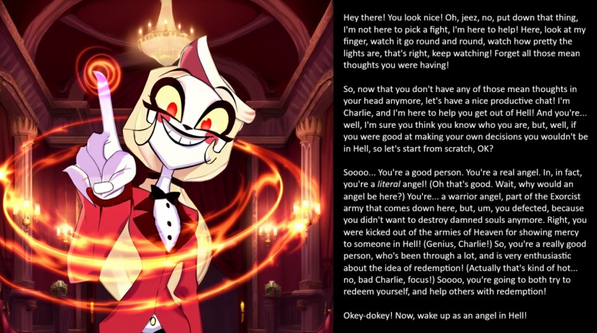 ai_art ambiguous_pov blonde_hair charlie_(hazbin_hotel) demon_girl femdom hazbin_hotel hypnotic_fingers long_hair memory_alteration pov pov_sub purification red_eyes smile sunt-ermico_(generator) sunt-ermico_(manipper) text