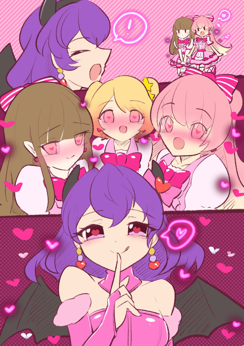 absurdres ai_(otocadoll) avaritia bare_shoulders blush bow bqad28 brown_hair charm_(spell) clothed comic demon demon_girl dress earrings empty_eyes eye_color_change eyebrows_visible_through_hair female_only femdom femsub fingerless_gloves gloves hair_ornament happy_trance heart horns hypnotic_beam hypnotic_magic licking_lips loli long_hair love magic multiple_girls multiple_subs open_mouth opera_gloves orange_hair otocadoll pink_background pink_eyes purple_hair seina short_hair simple_background smile sparkle spiral_eyes succubus sunny_(otocadoll) symbol_in_eyes tongue twintails wholesome wings yuri