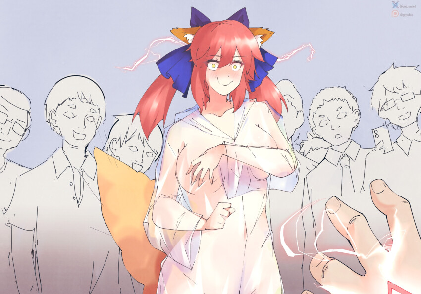 animal_ears blue_background blush cell_phone character_request clothed clothed_exposure collarbone convenient_censoring covering electricity exhibitionism eyebrows_visible_through_hair fox_ears fox_girl fox_tail gojulas hair_ribbon hoodie humiliation hypnotic_hands hypnovember large_breasts long_hair looking_at_viewer outdoors red_hair see-through shirt short_hair shrunken_irises smile sweater t-shirt tail tie twintails yellow_eyes