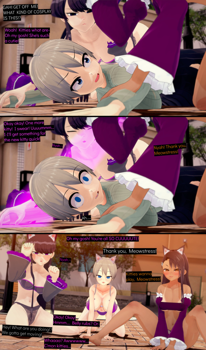 3d absurdres all_fours blue_eyes cat_ears cat_girl cat_tail cleavage cyanstargazer dark_skin dialogue empty_eyes enemy_conversion english_text female_only femdom femsub hana_uzaki happy_trance hayase_nagatoro ijiranaide_nagatoro-san koikatsu! komi_can&#039;t_communicate komi_shouko large_breasts lingerie long_hair multiple_girls multiple_subs pet_play purple_eyes purple_hair sequence short_hair tan_skin text uzaki-chan_wants_to_hang_out! white_hair