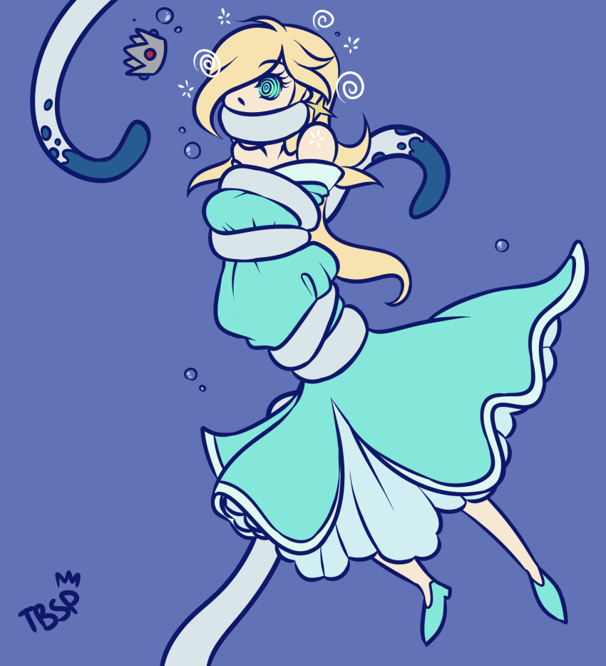 blonde_hair coils crown dress femsub gag hair_covering_one_eye high_heels hypnotic_tentacle jewelry long_hair nintendo princess princess_rosalina ring_eyes simple_background spiral super_mario_bros. tbsp-art tentacles underwater