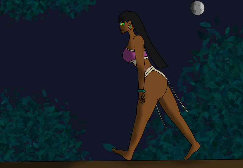 56yhg bangs bare_legs barefoot black_hair bracelet chel_(the_road_to_el_dorado) clothed dark_skin earrings female_only femsub forest happy_trance heavy_eyelids huge_ass hypnotized_walking kaa_eyes large_breasts latina leaning_forward long_hair night outdoors smile solo straight-cut_bangs tagme the_road_to_el_dorado