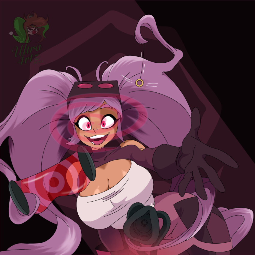 ahoge bodysuit border cleavage cleavage_cutout coin collarbone dark_skin entrapta female_only femdom glasses gloves glowing_eyes hypnotic_eyes large_breasts looking_at_viewer multiple_methods_of_hypnosis pendulum pov pov_sub purple_hair red_eyes she-ra_and_the_princesses_of_power tech_control twintails ultra4rtz very_long_hair visor