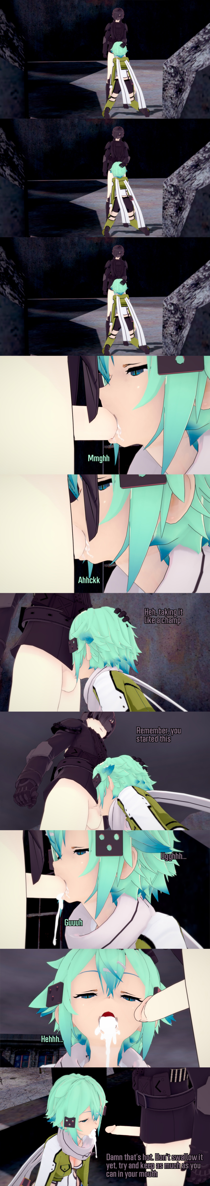 absurdres black_hair cum cum_in_mouth dialogue empty_eyes english_text expressionless fellatio femsub green_eyes green_hair kneeling maledom oral orgasm penis shino_asada short_hair sword_art_online text zenin1