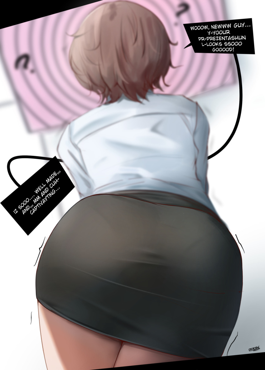 ass ass_focus bare_legs bent_over brain_drain brown_hair clothed confused dazed dialogue dress_shirt english_text eroborne female_only femsub gradient_background happy_trance hypnotic_screen office_lady ol_chan_(eroborne) original shirt short_hair signature simple_background skirt solo speech_bubble spiral standing tech_control text thigh_gap thighs trembling white_background